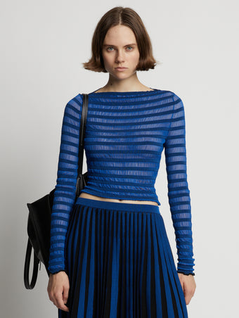 Cropped front image of model wearing Sheer Stripe Sweater in cerulean/black