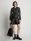 Front image of model wearing Cropped Leather Blazer in black