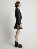 Side image of model wearing Cropped Leather Blazer in black