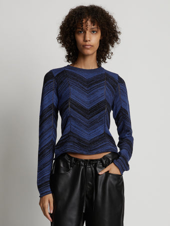 Cropped front image of model wearing Marled Stripe Knit Sweater in cerulean/black