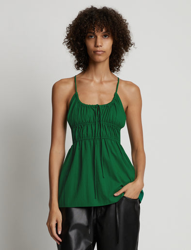 Cropped front  image of model wearing Drapey Suiting Ruched Top in green
