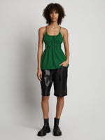 Front image of model wearing Drapey Suiting Ruched Top in green