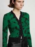 Detail image of model wearing Knit Floral Cardigan in green/black
