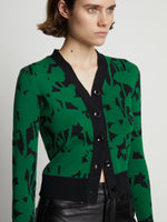 Detail image of model wearing Knit Floral Cardigan in green/black