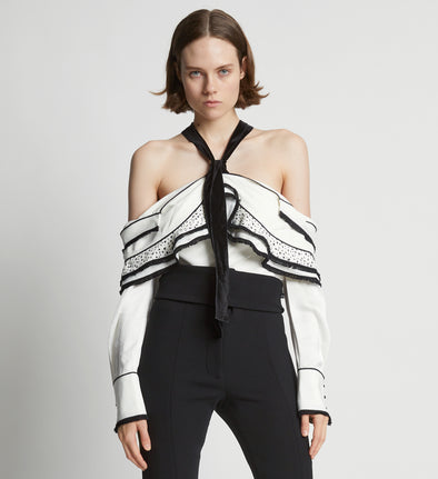 Cropped front image of model wearing Textured Viscose Crepe Top in white multi