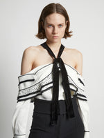 Detail image of model wearing Textured Viscose Crepe Top in white multi