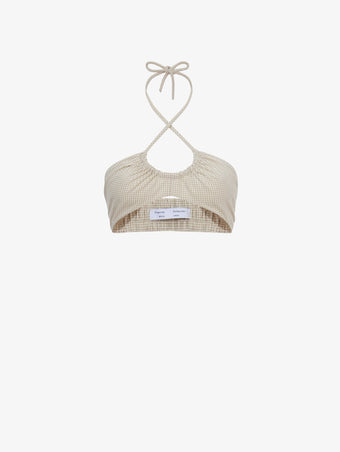 Flat image of Gingham Halter Bralette in buttercream/fawn