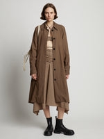 Front image of model wearing Drapey Suiting Trench Coat in coffee