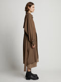 Side image of model wearing Drapey Suiting Trench Coat in coffee