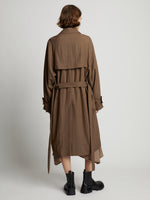 Back image of model wearing Drapey Suiting Trench Coat in coffee