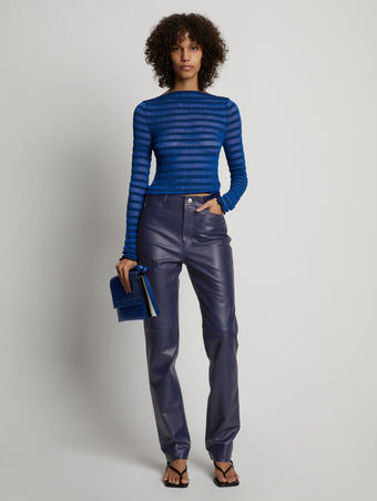 Front image of model wearing Leather Straight Pant in cobalt
