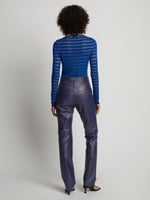 Back image of model wearing Leather Straight Pant in cobalt