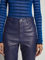 Detail image of model wearing Leather Straight Pant in cobalt