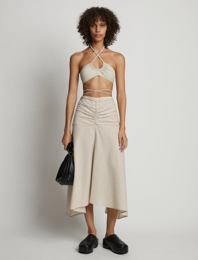Front image of model wearing Gingham Tie Front Midi Skirt in buttercream/fawn