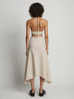 Back image of model wearing Gingham Tie Front Midi Skirt in buttercream/fawn