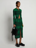Front image of model wearing Mini Stripe Button Front Skirt in green/black