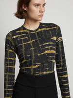 Detail image of model wearing Tie Dye Long Sleeve T-Shirt in black multi