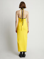 Back image of model wearing Halter Knit Jersey Dress in sun