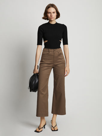Front image of model wearing Cotton Twill Culottes in coffee