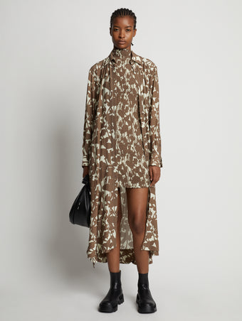 Front image of model wearing Printed Long Sleeve Shirt Dress in buttercream/coffee 