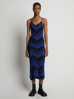 Front image of model wearing Marled Stripe Knit Maxi Dress in cerulean/black