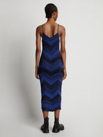 Back image of model wearing Marled Stripe Knit Maxi Dress in cerulean/black