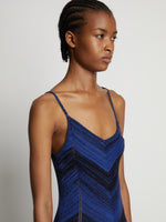 Detail image of model wearing Marled Stripe Knit Maxi Dress in cerulean/black