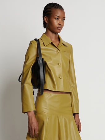 Cropped front image of model wearing Cropped Leather Blazer in sulphur