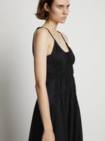 Detail image of model wearing Drapey Suiting Ruched Dress in black