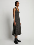 Side image of model wearing Stripe Rib Sleeveless Dress in black/mushroom