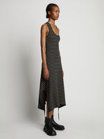 Side image of model wearing Stripe Rib Sleeveless Dress in black/mushroom