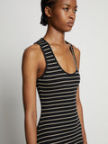 Detail image of model wearing Stripe Rib Sleeveless Dress in black/mushroom