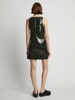 Back image of model wearing Vinyl V-Neck Shift Dress in pine