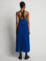 Back image of model wearing Broomstick Pleated Tank Dress in cerulean