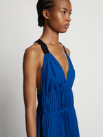 Detail image of model wearing Broomstick Pleated Tank Dress in cerulean