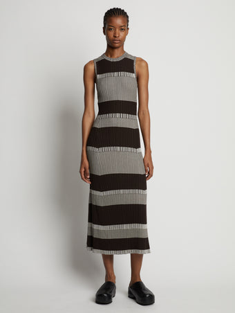 Front image of model wearing Mini Stripe Sleeveless Knit Dress in dark brown/off white