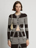 Cropped front image of model wearing Mini Stripe Cardigan in dark brown/off white