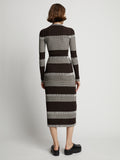 Back image of model wearing Mini Stripe Cardigan in dark brown/off white