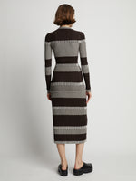 Back image of model wearing Mini Stripe Cardigan in dark brown/off white