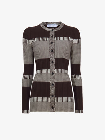 Flat image of Mini Stripe Cardigan in dark brown/off white