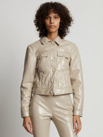 Cropped front image of model wearing Vinyl Cropped Jacket in fawn