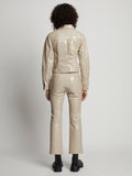 Back image of model wearing Vinyl Cropped Jacket in fawn