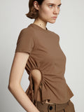 Detail image of model wearing Side Slit T-Shirt in coffee
