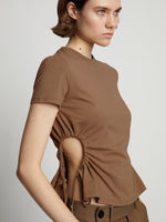 Detail image of model wearing Side Slit T-Shirt in coffee