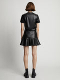 Back image of model wearing Faux Leather Ruffle Mini Dress in black