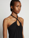 Detail image of model wearing Halter Knit Jersey Dress in black