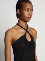 Detail image of model wearing Halter Knit Jersey Dress in black