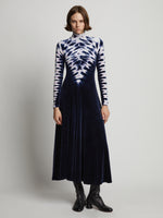 Front image of model wearing Tie Dye Velvet Dress in midnight multi