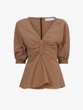 Flat image of Gingham Long Sleeve Peplum Top in coral/black