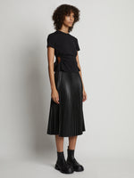 Side image of model wearing Side Slit T-Shirt in black